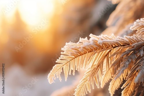 Golden Hour Glow, Close Up Of A Frost Covered Evergreen Branch, Winter Background With Copy Space photo