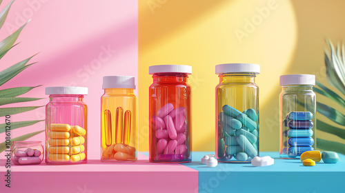 Vibrant assortment of health supplements in glass jars displayed on a colorful background with tropical leaves for a lively atmosphere