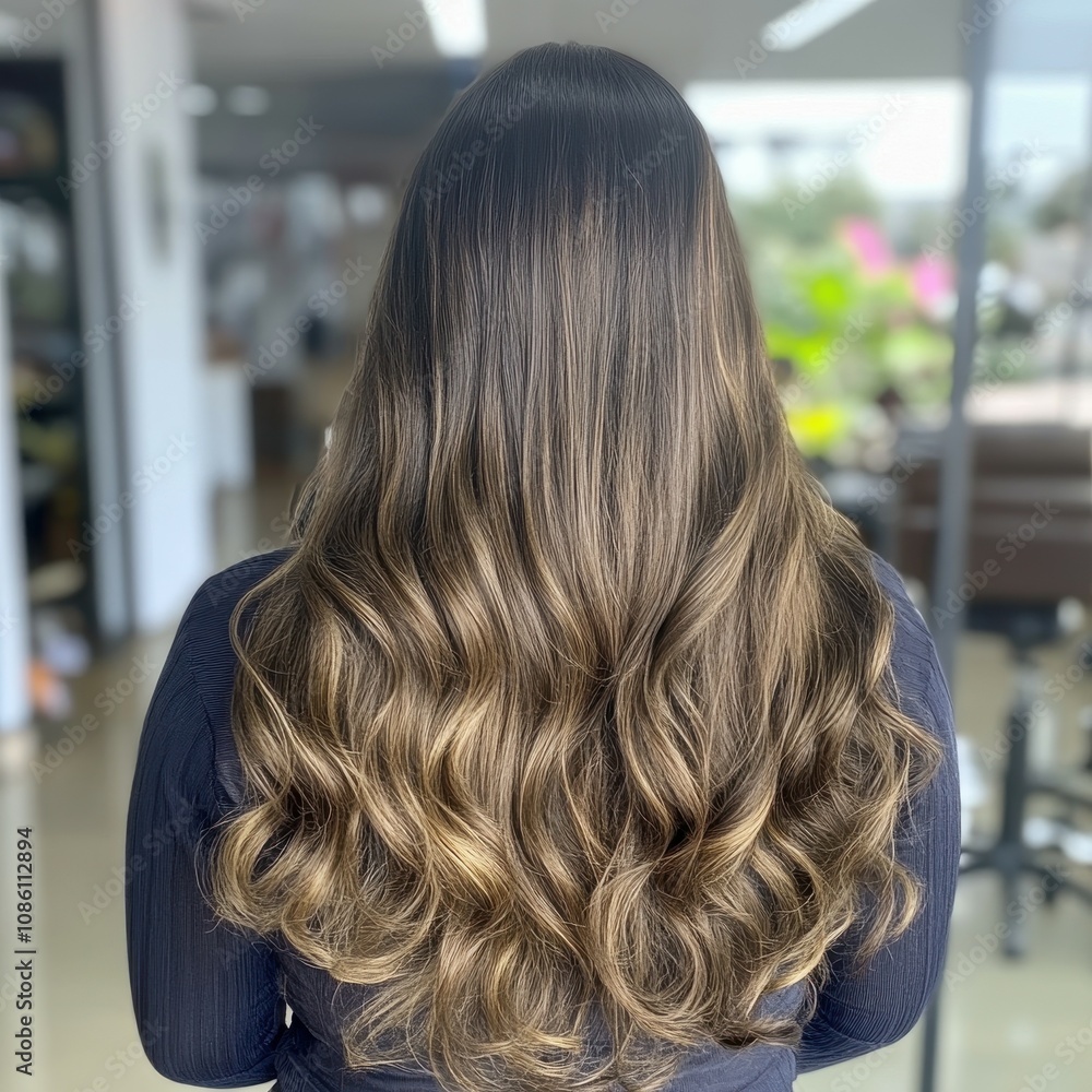 A person with long, wavy hair featuring subtle highlights stands with their back to the camera in a well-lit salon. Natural light enhances the vibrant hair texture A person with long, wavy hair featuring subtle highlights stands with their back to the camera in a well-lit salon. Natural light enhances the vibrant hair texture