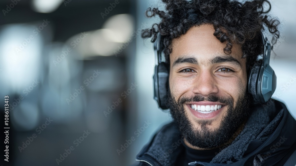 A man with a beard and a smile is wearing headphones A man with a beard and a smile is wearing headphones