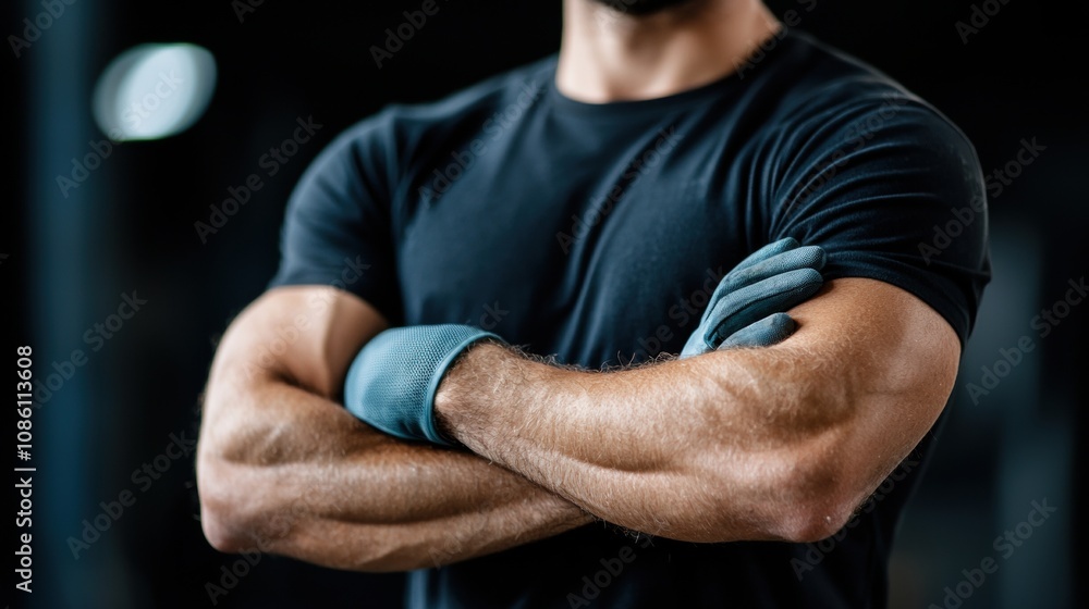 A man with a black shirt and gloves is standing with his arms crossed A man with a black shirt and gloves is standing with his arms crossed