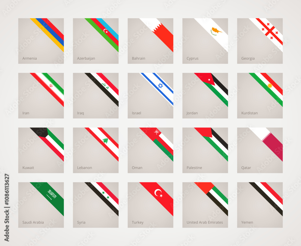 Corner slanted ribbon flags of West Asia Corner slanted ribbon flags of West Asia