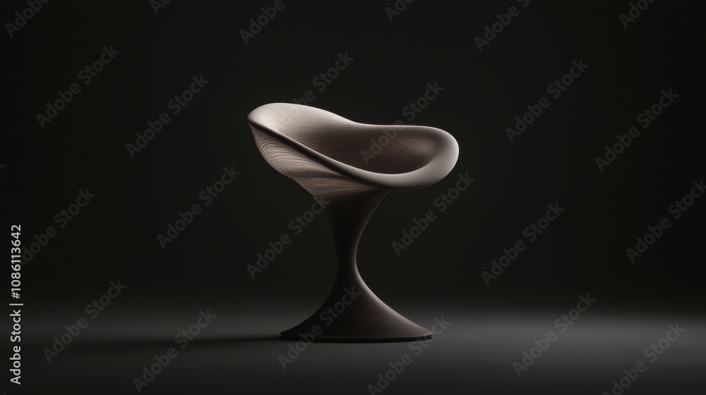 A chair with a curved back is sitting on a dark background A chair with a curved back is sitting on a dark background