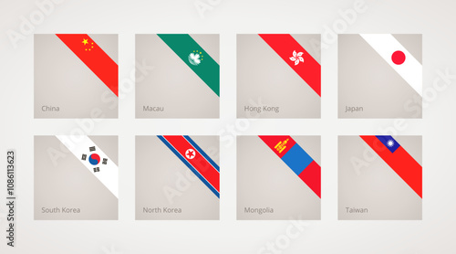Photography Corner slanted ribbon flags of China, Hong Kong, Macau, Japan, South Korea, Mong