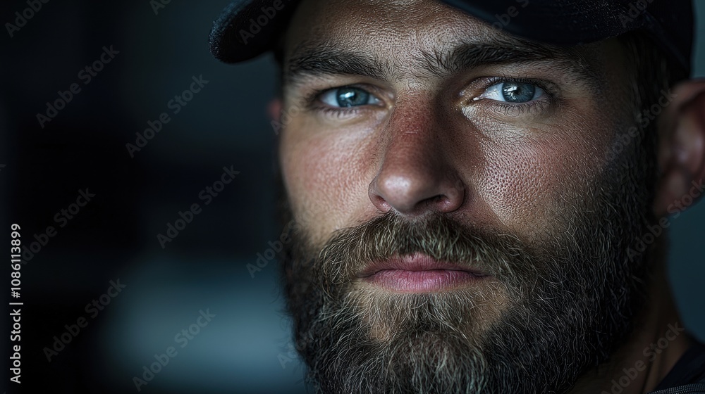 Obraz premium A man with a beard and a hat is looking at the camera