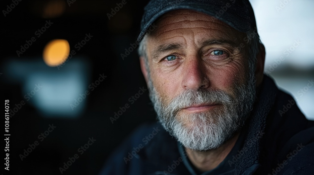 A man with a gray beard and a hat is looking at the camera A man with a gray beard and a hat is looking at the camera