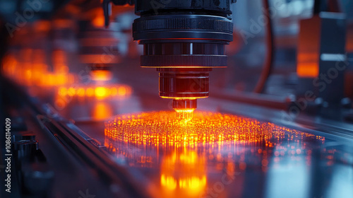 Close-up of a laser cutting machine in action, emitting intense orange light. Modern manufacturing technology