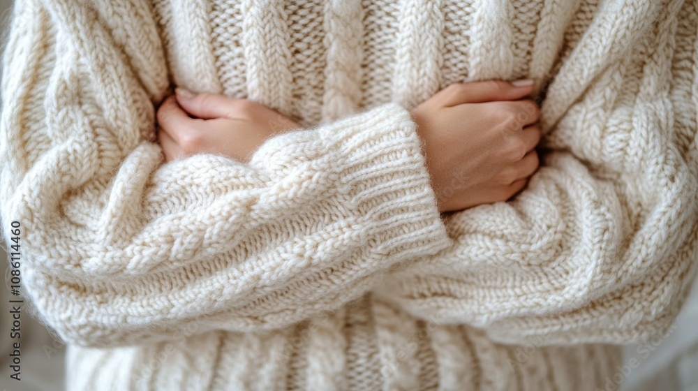 The individual in a soft cream cable knit sweater is standing with crossed arms, creating a warm and inviting atmosphere typical of a cozy winter indoors The individual in a soft cream cable knit sweater is standing with crossed arms, creating a warm and inviting atmosphere typical of a cozy winter indoors