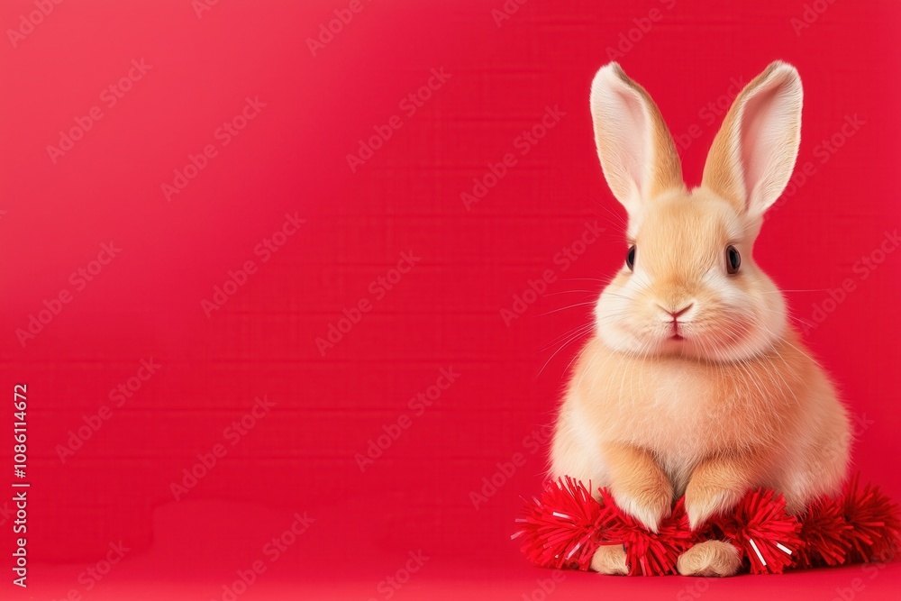Obraz premium An Adorable Bunny on a Red Background Surrounded by Cheerful Festive Decorations
