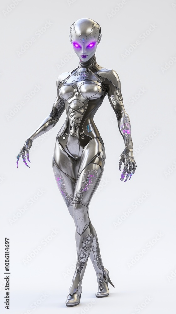 Futuristic Alien Female Character with Metallic Silver Skin and Glowing Tattoos in Asymmetrical Attire on White Background - Ultra-Detailed 3D Model Futuristic Alien Female Character with Metallic Silver Skin and Glowing Tattoos in Asymmetrical Attire on White Background - Ultra-Detailed 3D Model