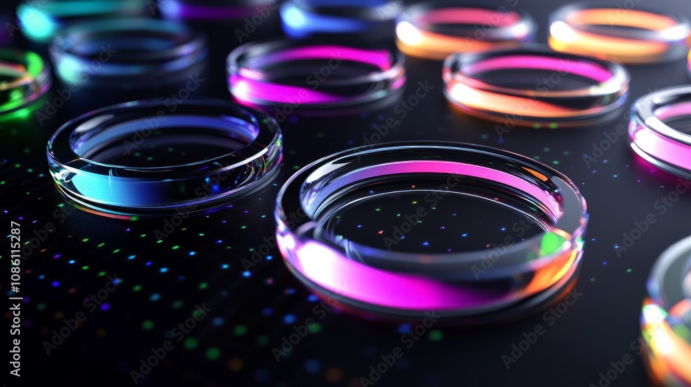 A sleek black wallpaper with transparent 3D glass circles illuminated by colorful light.
A sleek black wallpaper with transparent 3D glass circles illuminated by colorful light.