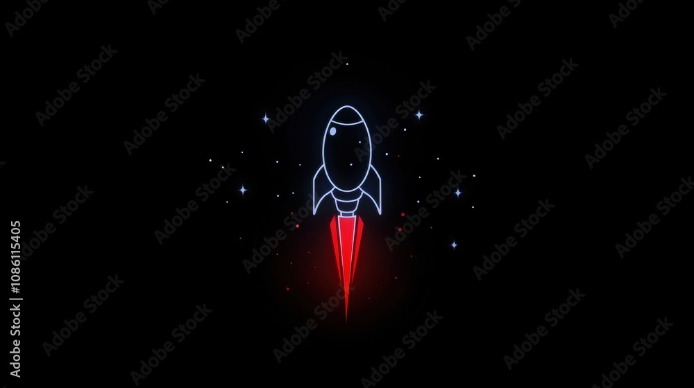 A black and white image of a rocket with red flames coming out of it A black and white image of a rocket with red flames coming out of it