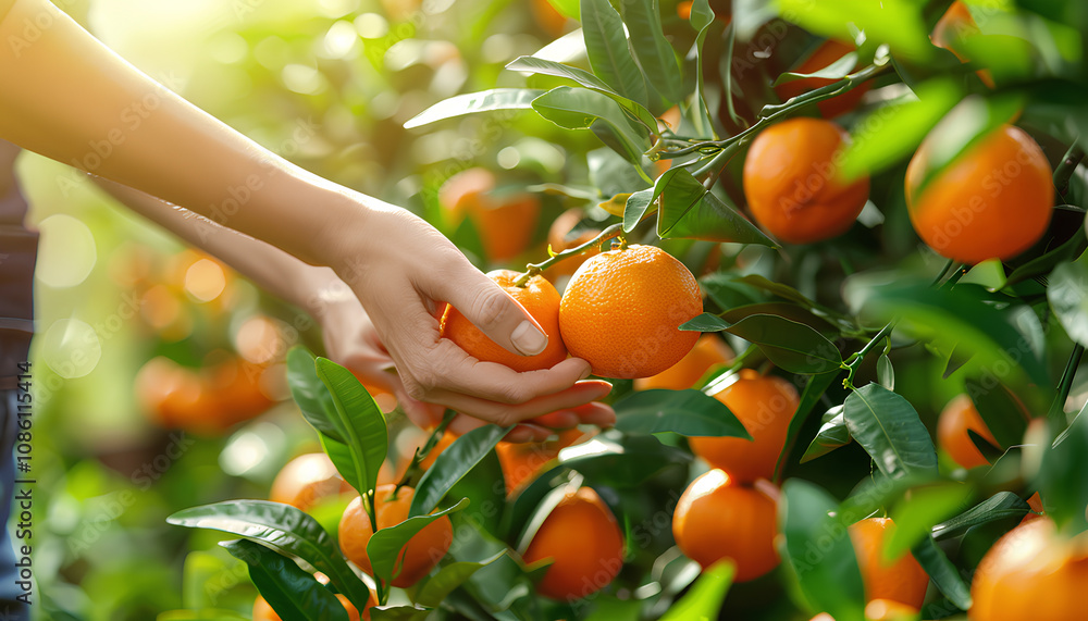 Skilled female gardener gathering crop of ripe tangerines fruits in orchard. Harvest time Skilled female gardener gathering crop of ripe tangerines fruits in orchard. Harvest time