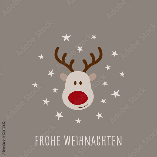 Frohe Weihnachten - Schriftzug in deutscher Sprache. Quadratische Grußkarte mit einem niedlichen Elch mit roter Nase.