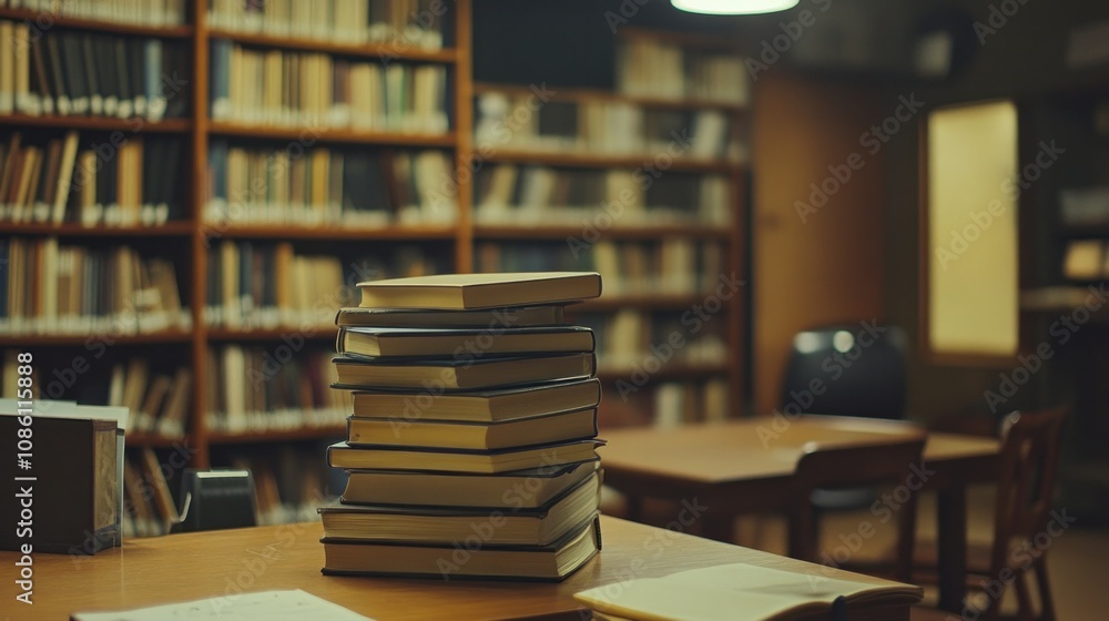 A pile of books neatly stacked on a wooden desk in a quiet library.
A pile of books neatly stacked on a wooden desk in a quiet library.