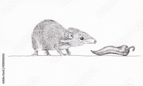 Pen and ink drawing of an Asian tree shrew with a chilli