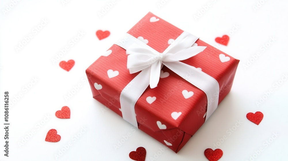 A beautifully wrapped red gift with a white ribbon surrounded by small red hearts on a clean white background A beautifully wrapped red gift with a white ribbon surrounded by small red hearts on a clean white background