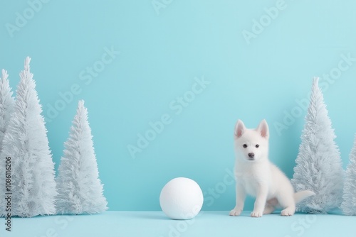 An Adorable White Puppy Enjoying the Beauty of a Winter Wonderland Surrounded by Snowballs