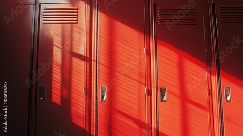 Bright red school lockers lined up in a hallway, captured up-close.

