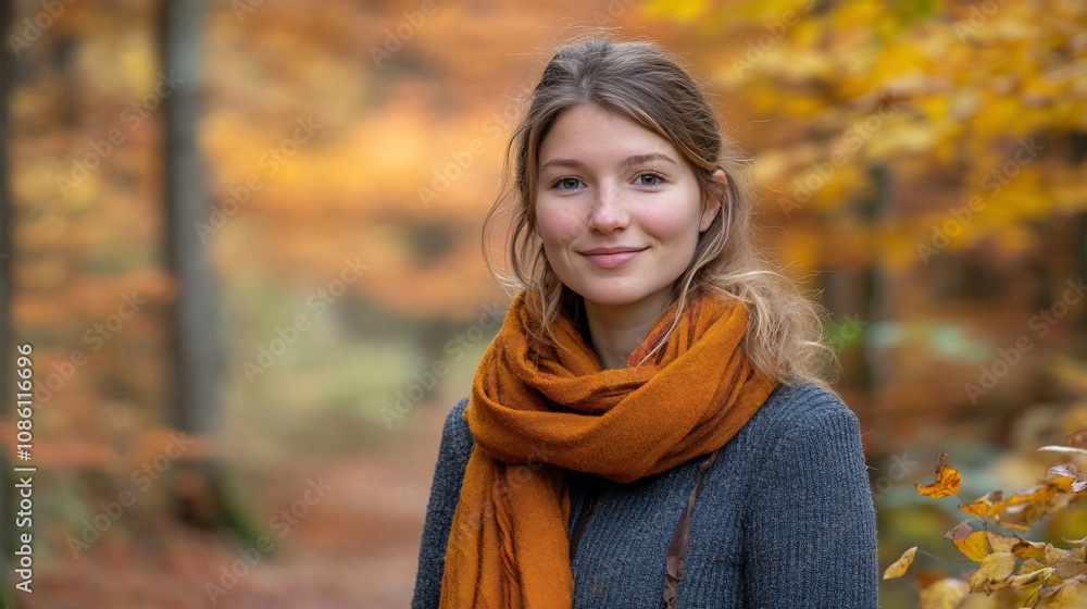 Young woman smiling in autumn forest. Young woman smiling in autumn forest.