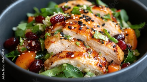 Homemade Asian chicken cranberry salad served in an elegant bowl with fresh greens and toppings for a delicious meal