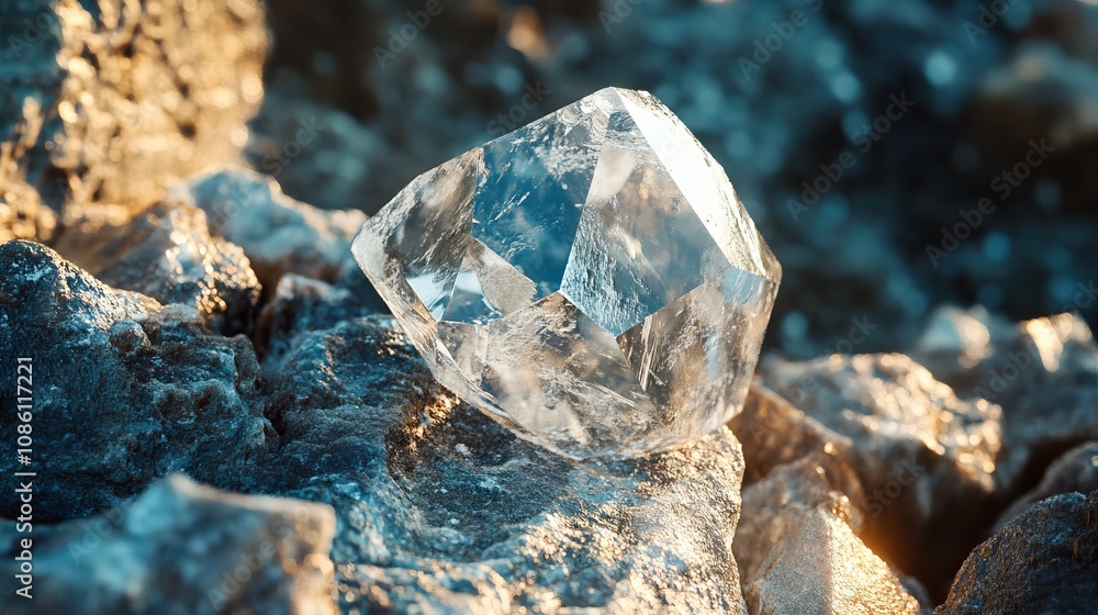 A raw diamond embedded in its natural rocky surface, captured in detail.

