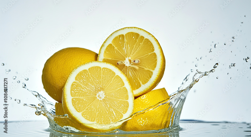 Lemons cut in half, isolated on a white background, in water splashing in the space. Lemons cut in half, isolated on a white background, in water splashing in the space.
