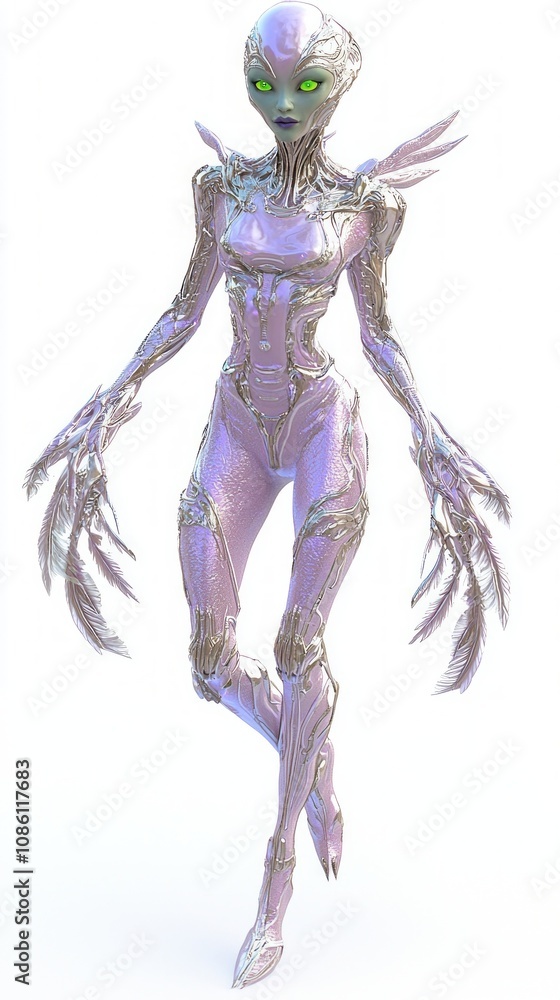 Futuristic Alien Female Character in Shimmering Lavender - 3D Rendering with Ultra-Detailed Features on White Background Futuristic Alien Female Character in Shimmering Lavender - 3D Rendering with Ultra-Detailed Features on White Background