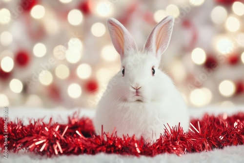 A festive white rabbit adorned with colorful decorations embodies the joy of the Christmas season photo