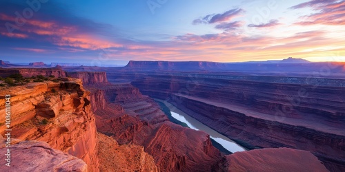 Breathtaking Sunrise Over Grand Canyon with Vibrant Sky and Colorado River Snaking Through Majestic Red Rock Formations in Utah, USA