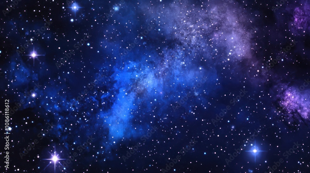 Naklejka premium A dreamy watercolor painting of a starlit night sky with deep blue and purple hues.