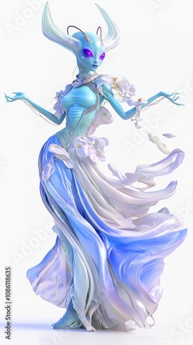 Elegant Blue Skinned Alien Female Character in Flowing Gown 3D Model on White Background photo