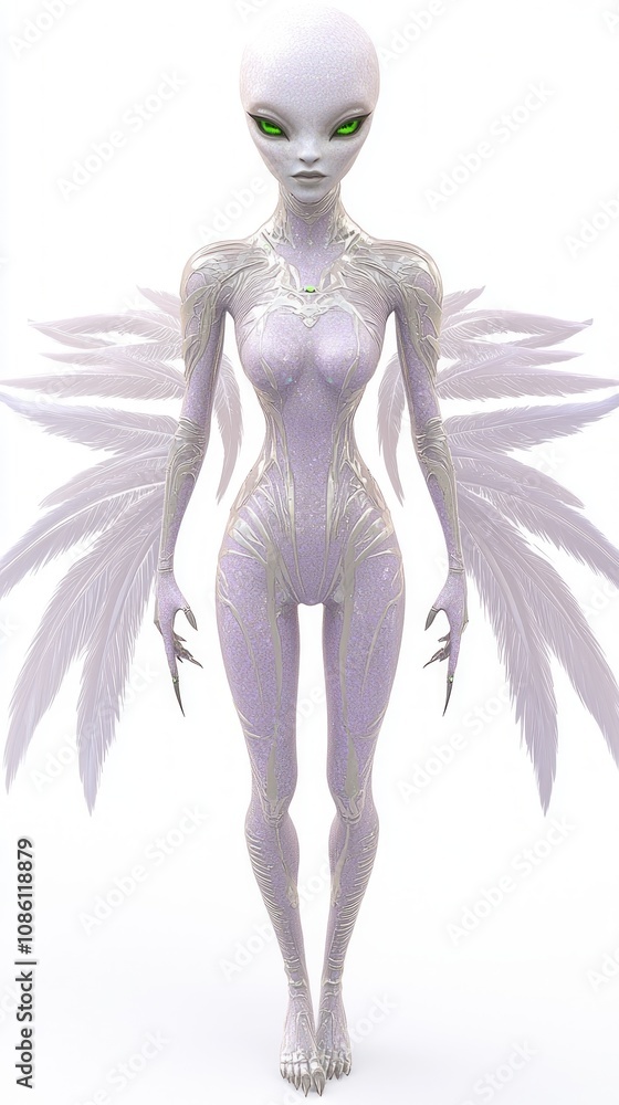 Graceful Alien Female 3D Model with Lavender Skin and Green Eyes in Stylish Bodysuit on Isolated White Background Graceful Alien Female 3D Model with Lavender Skin and Green Eyes in Stylish Bodysuit on Isolated White Background