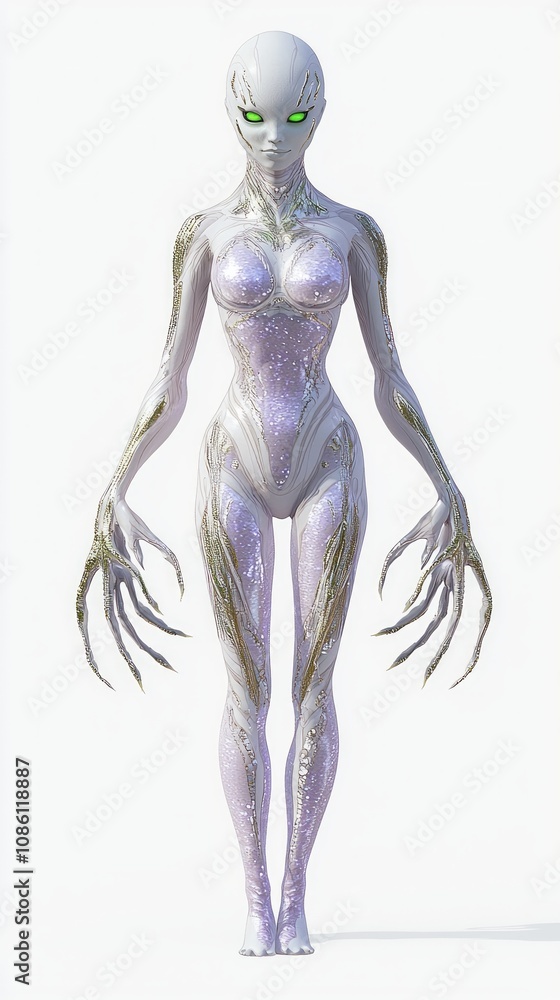 Extraterrestrial Elegance: 3D Alien Female Model in Lavender Skin and Feather-like Appendages Wearing Stylish Bodysuit on White Background Extraterrestrial Elegance: 3D Alien Female Model in Lavender Skin and Feather-like Appendages Wearing Stylish Bodysuit on White Background