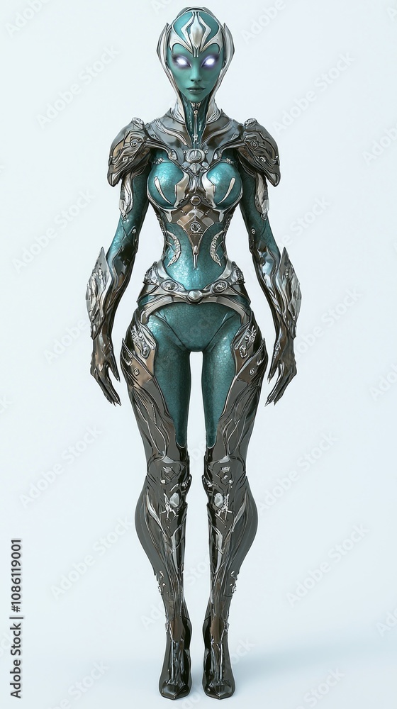 Futuristic Alien Female Character in Advanced Armored Suit - 3D Render on White Background Futuristic Alien Female Character in Advanced Armored Suit - 3D Render on White Background