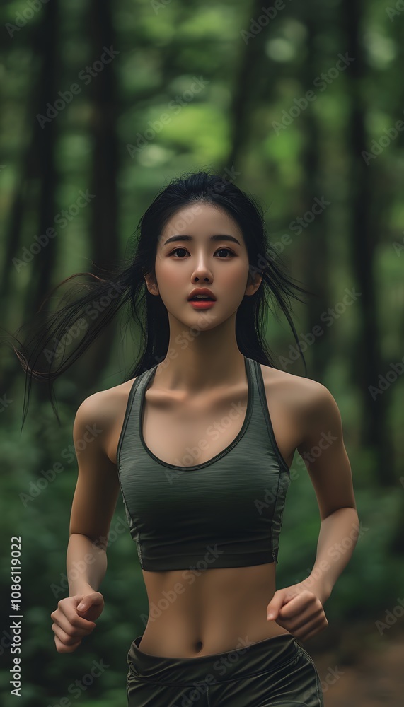 Asian woman in a sporty top jogging Asian woman in a sporty top jogging