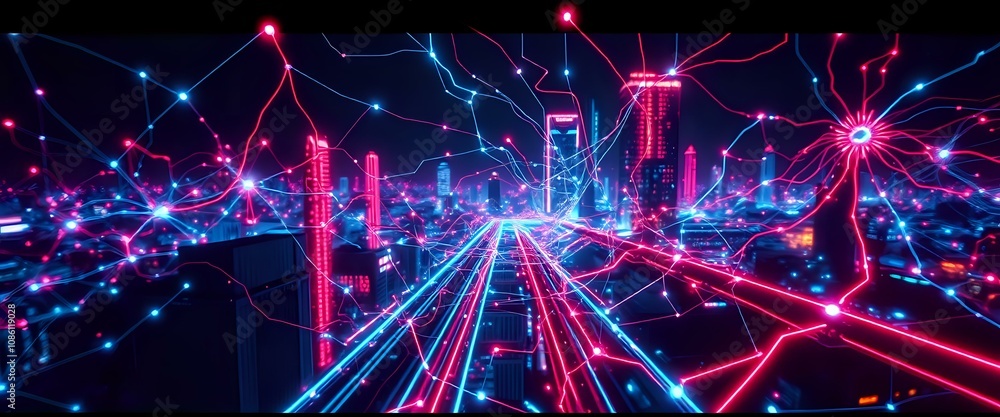 Fototapeta premium Neon Cityscape at Night: Dystopian Circuit Nodes