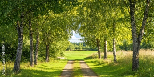 Serene Pathway Through Lush Green Trees Leading to a Vibrant Meadow Under Clear Blue Skies in a Peaceful Natural Landscape Scene