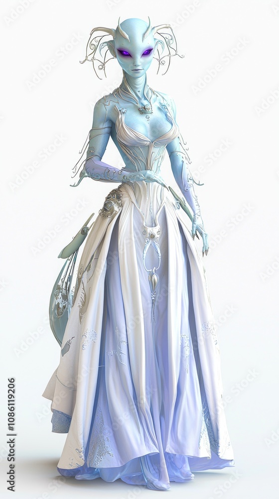 Ethereal Alien Female 3D Model: Enchanting Woman in Flowing Gown on White - Ultra-Detailed Digital Artwork Ethereal Alien Female 3D Model: Enchanting Woman in Flowing Gown on White - Ultra-Detailed Digital Artwork