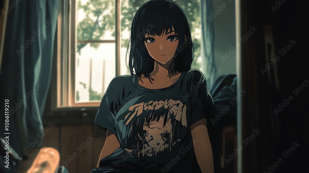 Anime girl sitting by window Anime girl sitting by window
