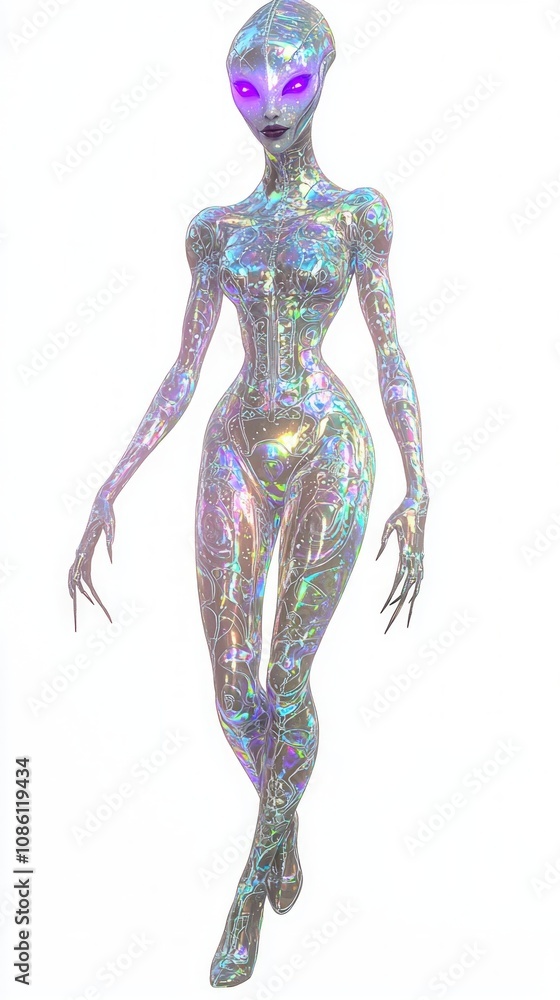 Extraterrestrial Beauty: 3D Alien Female Character with Luminescent Skin and Violet Eyes in Iridescent Cosmic Outfit on White Background Extraterrestrial Beauty: 3D Alien Female Character with Luminescent Skin and Violet Eyes in Iridescent Cosmic Outfit on White Background