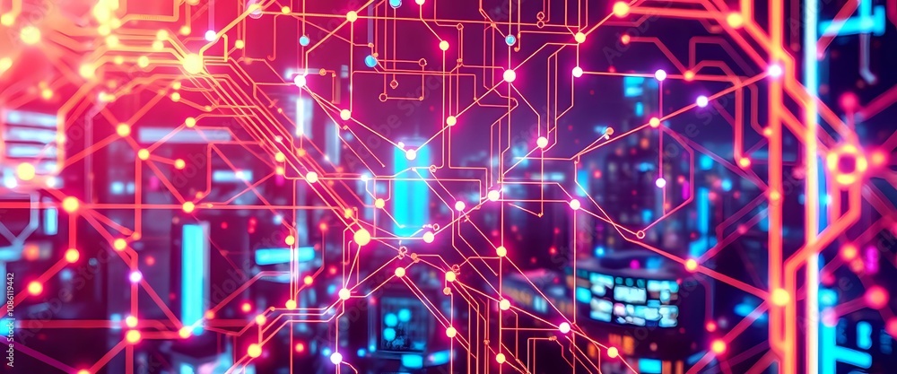 Obraz premium Neon Circuit Board Cyberpunk Data Visualization in Electric Colors
