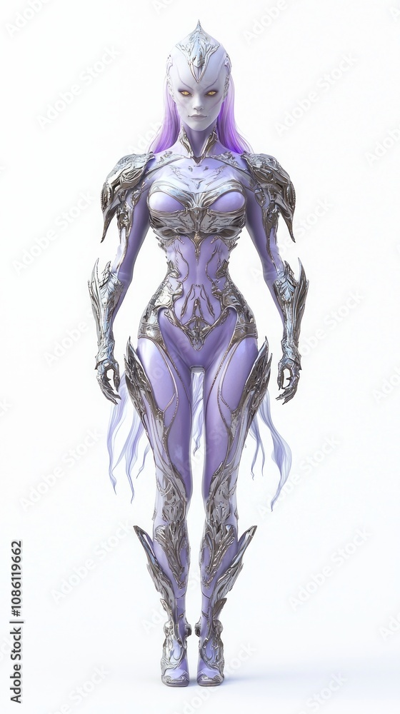 Enigmatic Lavender Alien Female Warrior in Detailed Armor - 3D Render on White Background Enigmatic Lavender Alien Female Warrior in Detailed Armor - 3D Render on White Background