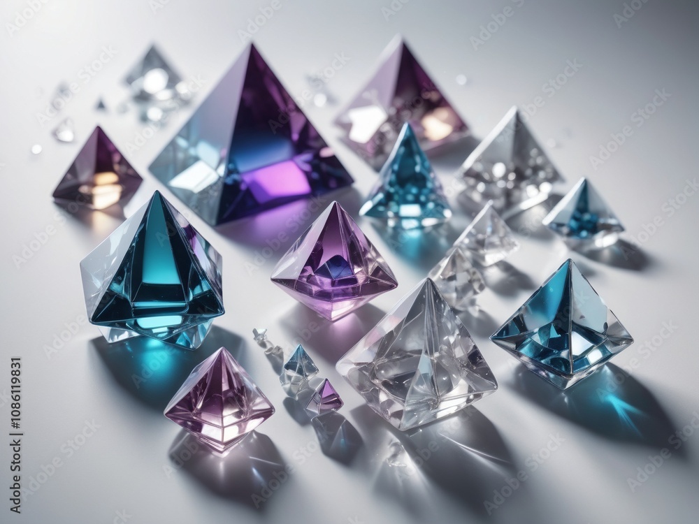 crystal-like 3D shapes (octahedrons and pyramids) with a clear, transparent appearance, isolated on a white background crystal-like 3D shapes (octahedrons and pyramids) with a clear, transparent appearance, isolated on a white background