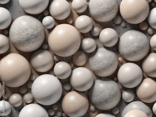 3D spheres with natural stone textures in soft, earthy colors (beige, grey, sand) on a white background