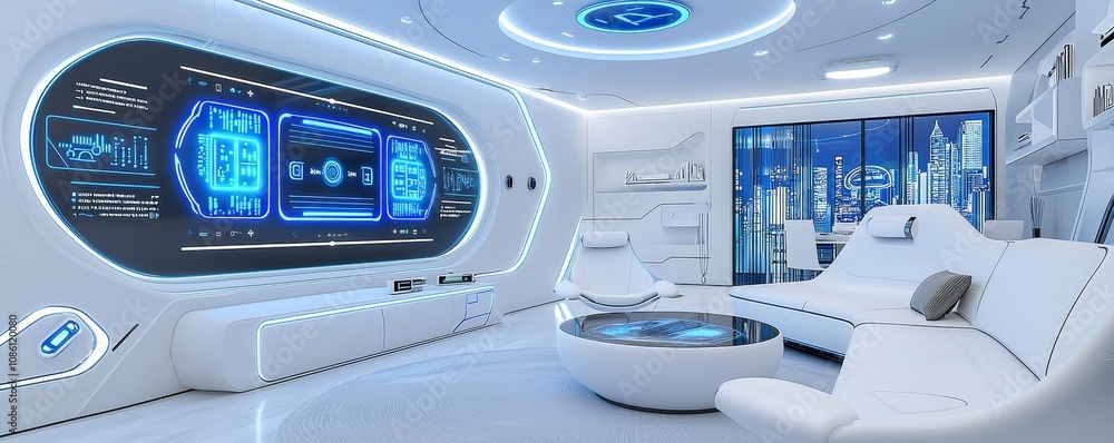 A stunning futuristic minimalist living room featuring hightech design elements and a sleek, modern aesthetic A stunning futuristic minimalist living room featuring hightech design elements and a sleek, modern aesthetic
