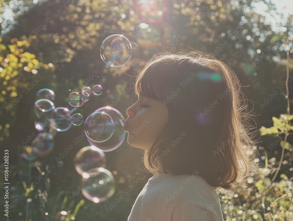 photo A young girl blowing bubbles in a sun-drenched park, the bubbles reflecting the light and creating a magical, shimmering effect in the air photo A young girl blowing bubbles in a sun-drenched park, the bubbles reflecting the light and creating a magical, shimmering effect in the air