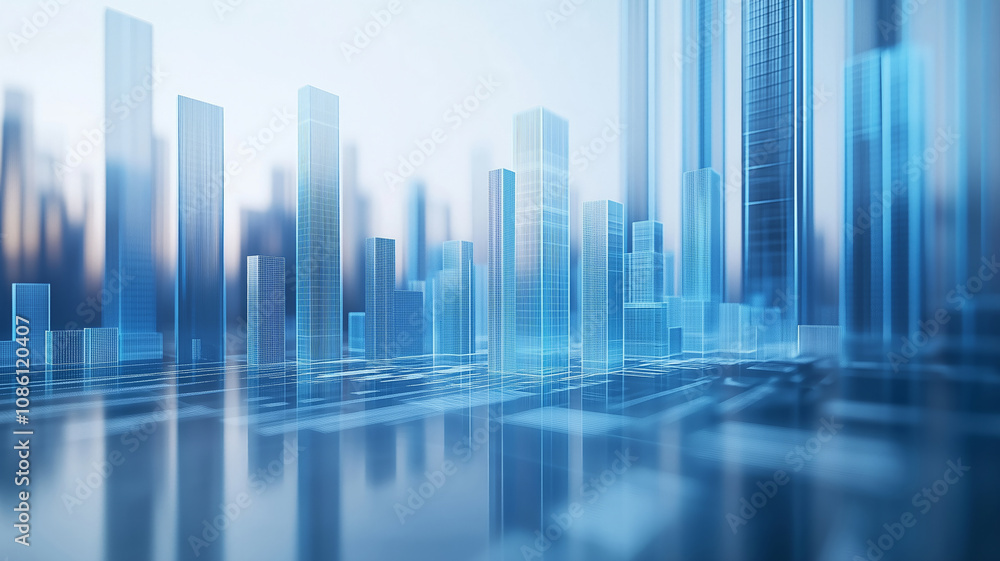 Abstract 3D visualization of a futuristic city skyline with glowing blue skyscrapers and reflective surface, creating a modern architectural concept in cool tones. Abstract 3D visualization of a futuristic city skyline with glowing blue skyscrapers and reflective surface, creating a modern architectural concept in cool tones.