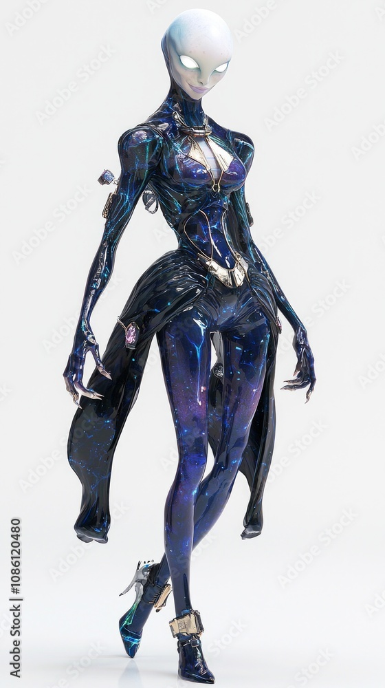 Alien Female Character with Indigo Skin and Color-changing Outfit on Isolated White Background - Ultra-Detailed 3D Model Alien Female Character with Indigo Skin and Color-changing Outfit on Isolated White Background - Ultra-Detailed 3D Model