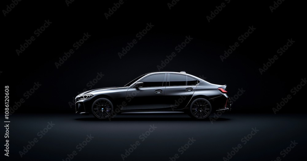 A black car is parked in front of a dark background. The car is sleek and shiny, with its headlights on. Scene is elegant and sophisticated, as the car is a symbol of luxury and style A black car is parked in front of a dark background. The car is sleek and shiny, with its headlights on. Scene is elegant and sophisticated, as the car is a symbol of luxury and style